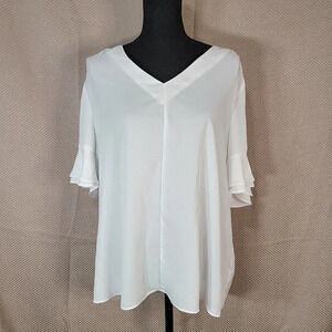 Zac & RACHEL White Chiffon Flowy Shirt Blouse Vneck‎ Office Wear Business Sz XL